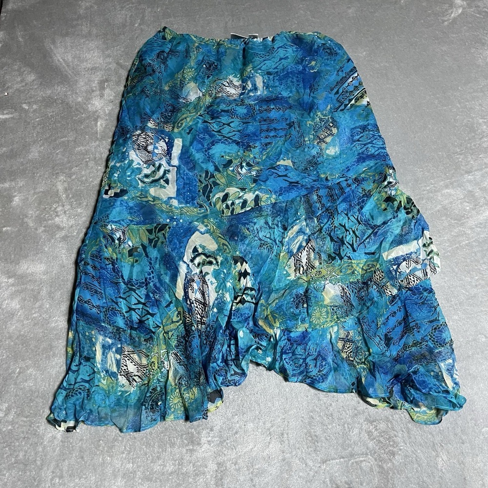 Y2K Chicos Silk Skirt Womens Large Blue Floral Ruffle Fairy Whimsy Boho Dainty